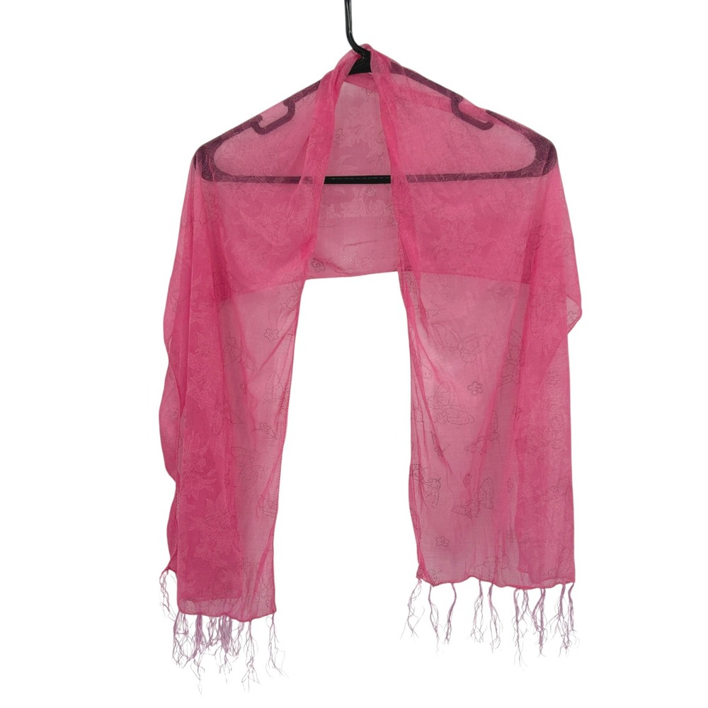 Y2K Sheer Pink Glitter Floral Butterfly Fringe Scarf‎ Fairy Rave Festival Wrap